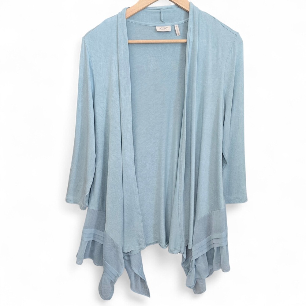 LOGO Lori‎ Goldstein Cardigan Womens SP Petite Small Blue Open Front Ruffle